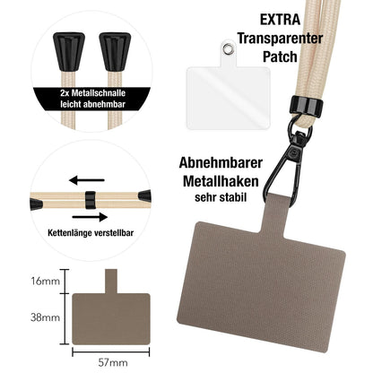 NALIA Universal Handykette für alle Smartphones – Robuste Kordel & 2 Patches – HOLDME AIR (Klassisches Lanyard mit Mattschwarzem Karabiner) – Marke aus Berlin