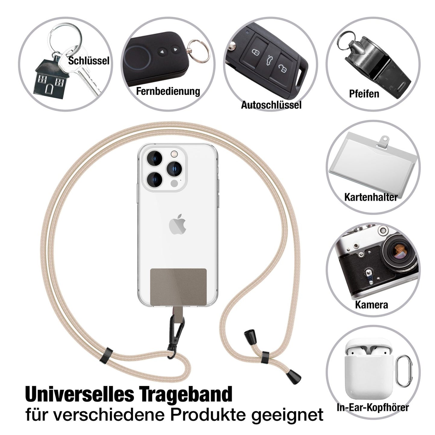 NALIA Universal Handykette für alle Smartphones – Robuste Kordel & 2 Patches – HOLDME AIR (Klassisches Lanyard mit Mattschwarzem Karabiner) – Marke aus Berlin