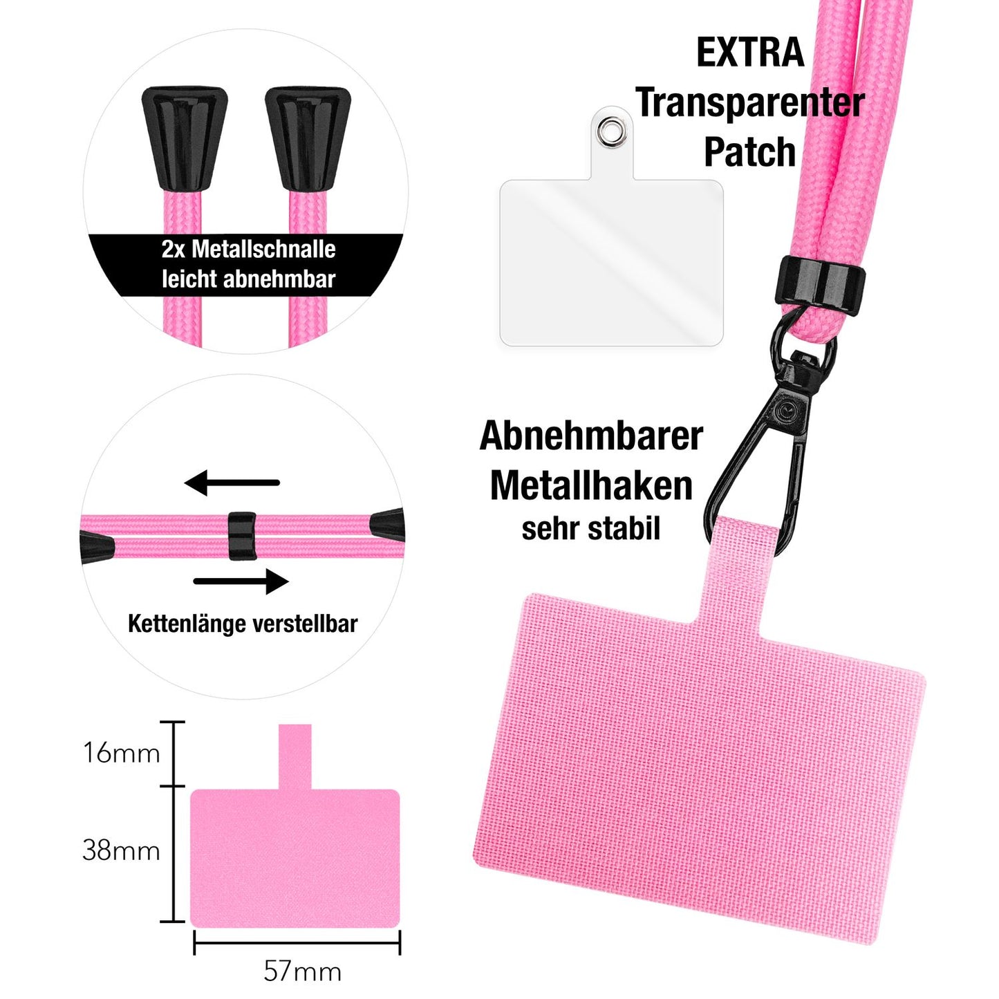 NALIA Universal Handykette für alle Smartphones – Robuste Kordel & 2 Patches – HOLDME AIR (Klassisches Lanyard mit Mattschwarzem Karabiner) – Marke aus Berlin