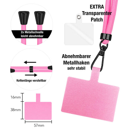 NALIA Universal Handykette für alle Smartphones – Robuste Kordel & 2 Patches – HOLDME AIR (Klassisches Lanyard mit Mattschwarzem Karabiner) – Marke aus Berlin