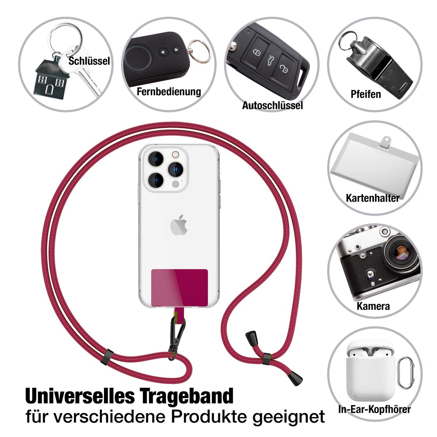 NALIA Universal Handykette für alle Smartphones – Robuste Kordel & 2 Patches – HOLDME AIR (Klassisches Lanyard mit Mattschwarzem Karabiner) – Marke aus Berlin