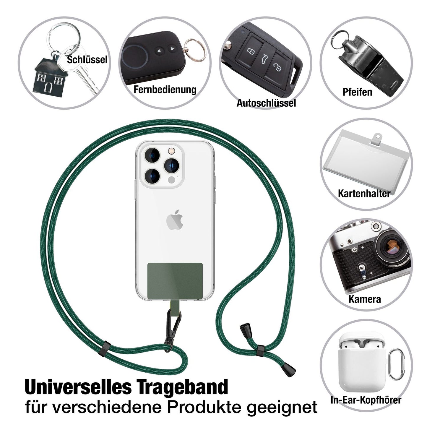 NALIA Universal Handykette für alle Smartphones – Robuste Kordel & 2 Patches – HOLDME AIR (Klassisches Lanyard mit Mattschwarzem Karabiner) – Marke aus Berlin