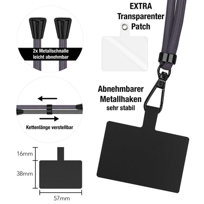 NALIA Universal Handykette für alle Smartphones – Robuste Kordel & 2 Patches – HOLDME AIR (Klassisches Lanyard mit Mattschwarzem Karabiner) – Marke aus Berlin