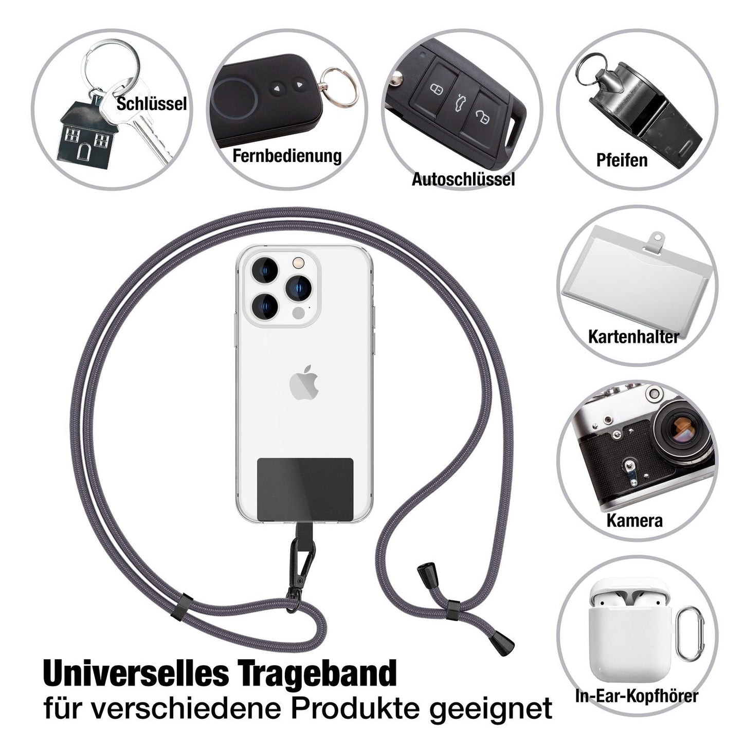 NALIA Universal Handykette für alle Smartphones – Robuste Kordel & 2 Patches – HOLDME AIR (Klassisches Lanyard mit Mattschwarzem Karabiner) – Marke aus Berlin