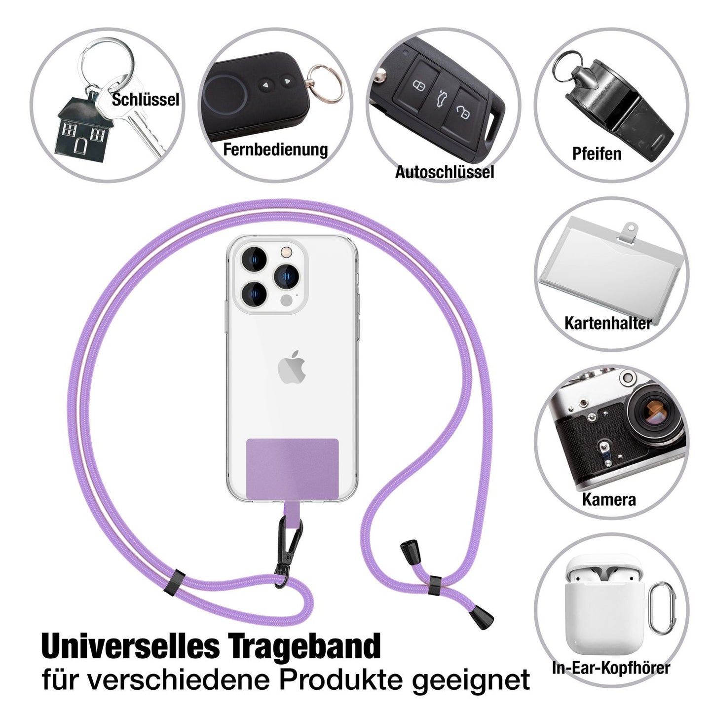 NALIA Universal Handykette für alle Smartphones – Robuste Kordel & 2 Patches – HOLDME AIR (Klassisches Lanyard mit Mattschwarzem Karabiner) – Marke aus Berlin