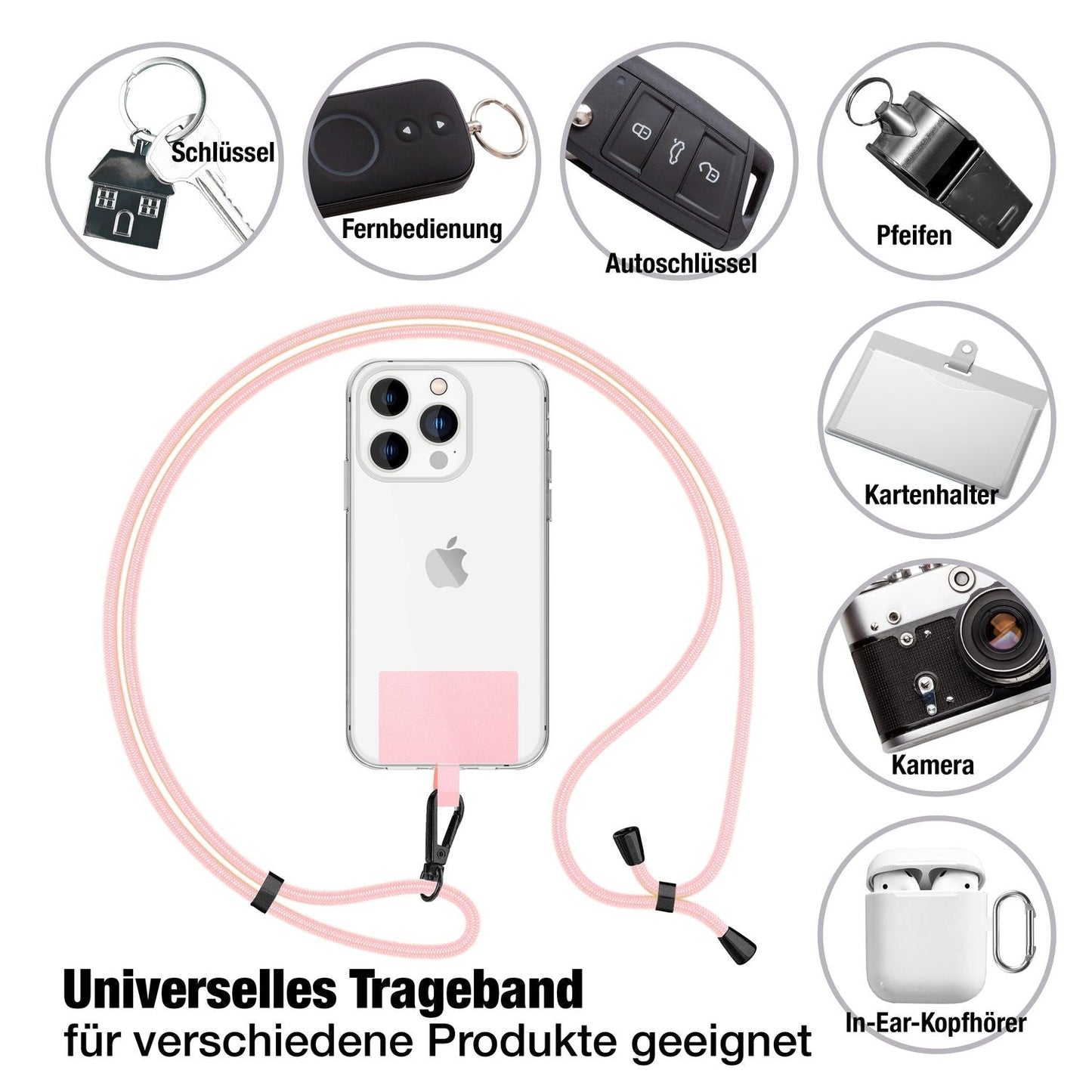 NALIA Universal Handykette für alle Smartphones – Robuste Kordel & 2 Patches – HOLDME AIR (Klassisches Lanyard mit Mattschwarzem Karabiner) – Marke aus Berlin