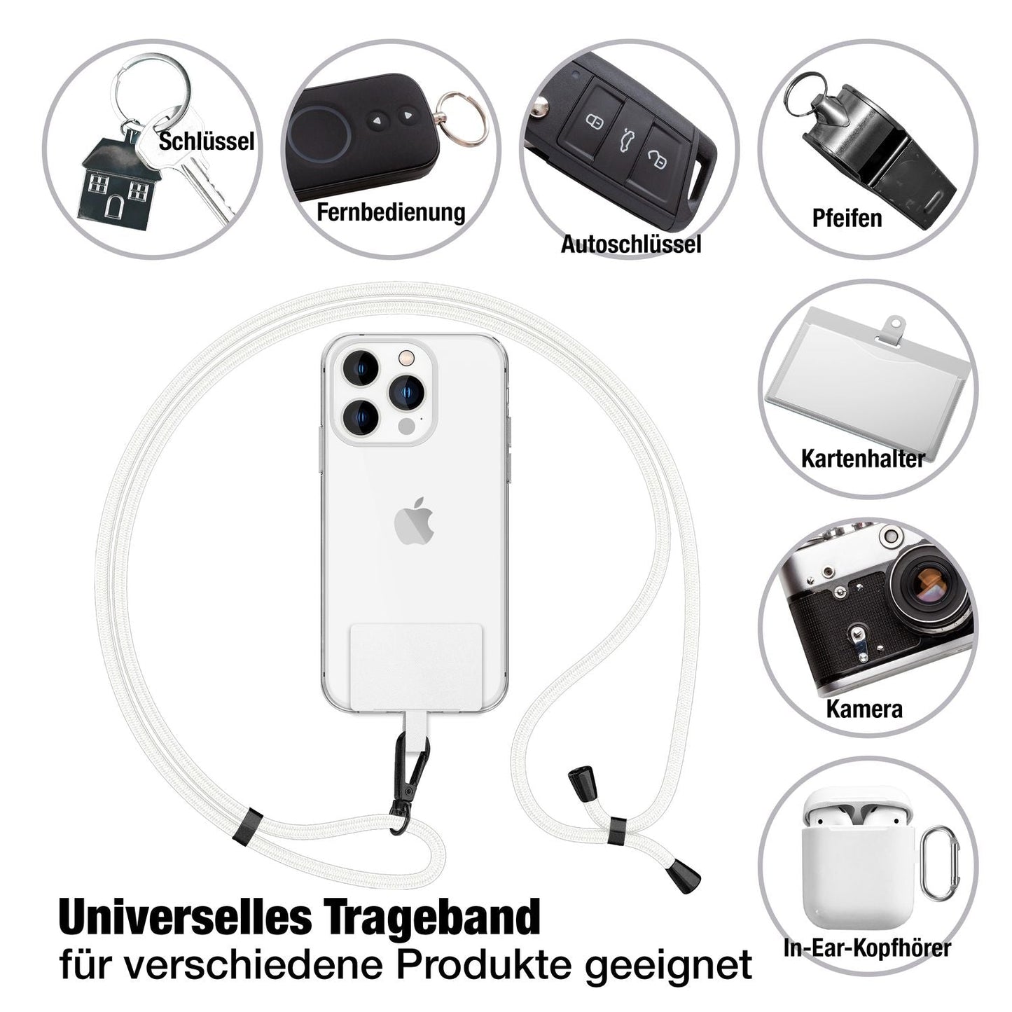NALIA Universal Handykette für alle Smartphones – Robuste Kordel & 2 Patches – HOLDME AIR (Klassisches Lanyard mit Mattschwarzem Karabiner) – Marke aus Berlin