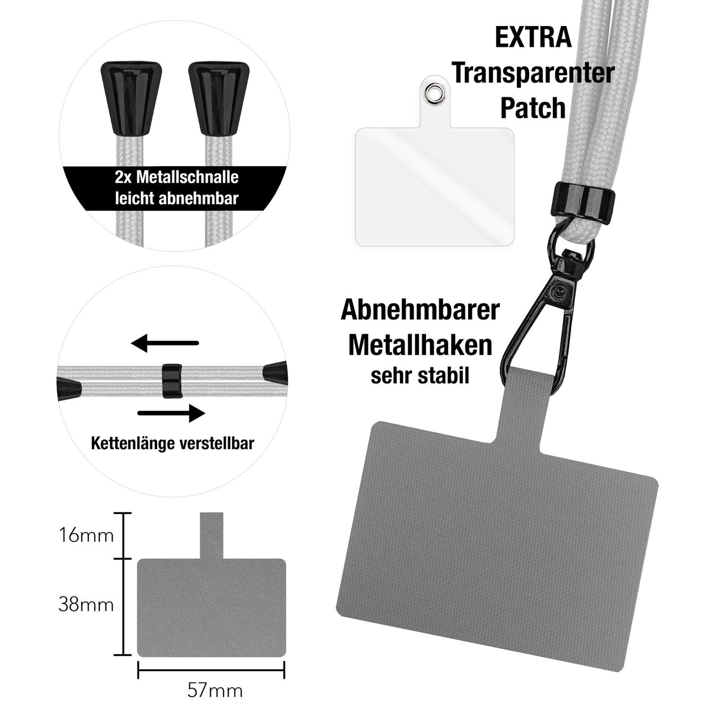 NALIA Universal Handykette für alle Smartphones – Robuste Kordel & 2 Patches – HOLDME AIR (Klassisches Lanyard mit Mattschwarzem Karabiner) – Marke aus Berlin