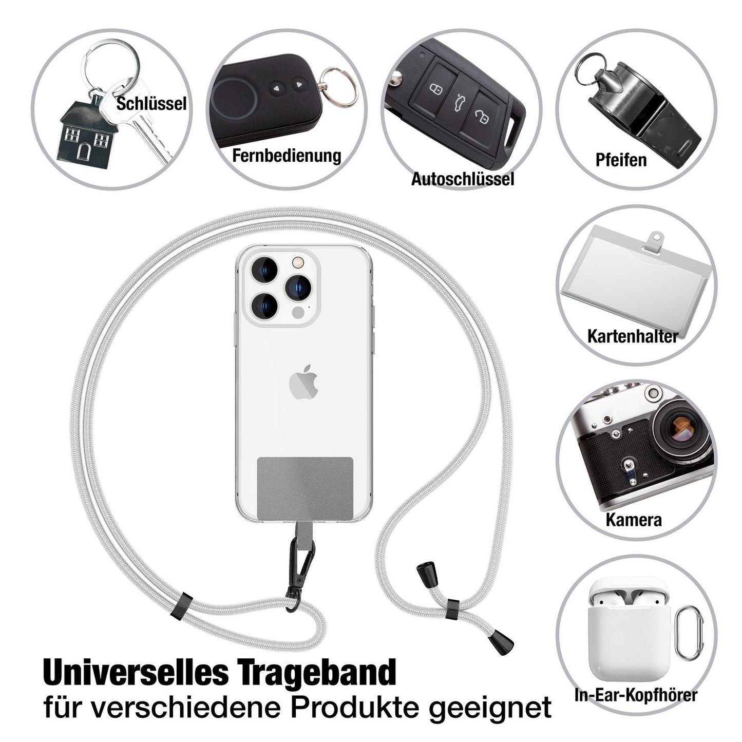 NALIA Universal Handykette für alle Smartphones – Robuste Kordel & 2 Patches – HOLDME AIR (Klassisches Lanyard mit Mattschwarzem Karabiner) – Marke aus Berlin