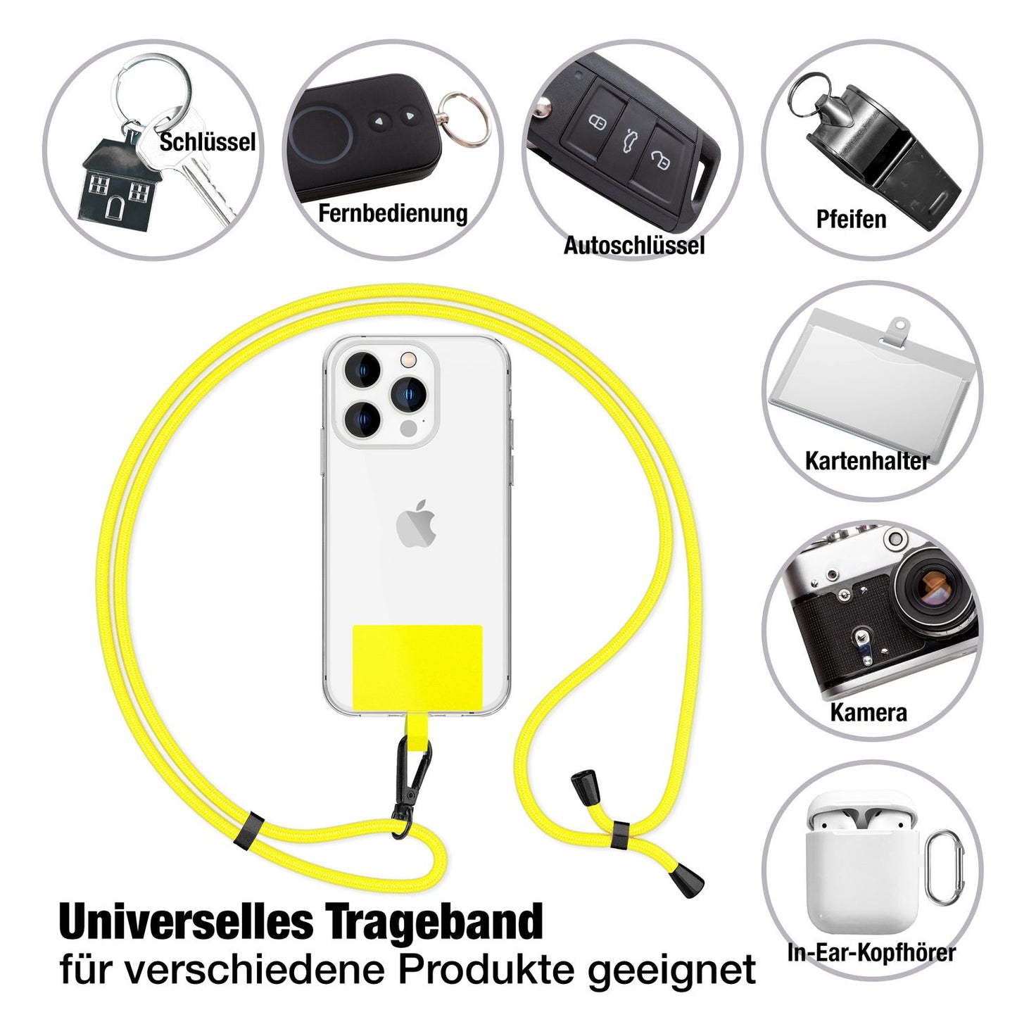 NALIA Universal Handykette für alle Smartphones – Robuste Kordel & 2 Patches – HOLDME AIR (Klassisches Lanyard mit Mattschwarzem Karabiner) – Marke aus Berlin
