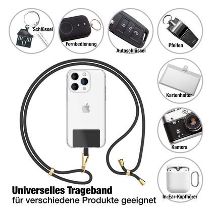 NALIA Universal Handykette für alle Smartphones – Robuste Kordel & 2 Patches – HOLDME AIR (Klassisches Lanyard mit Goldenem Karabiner) – Marke aus Berlin