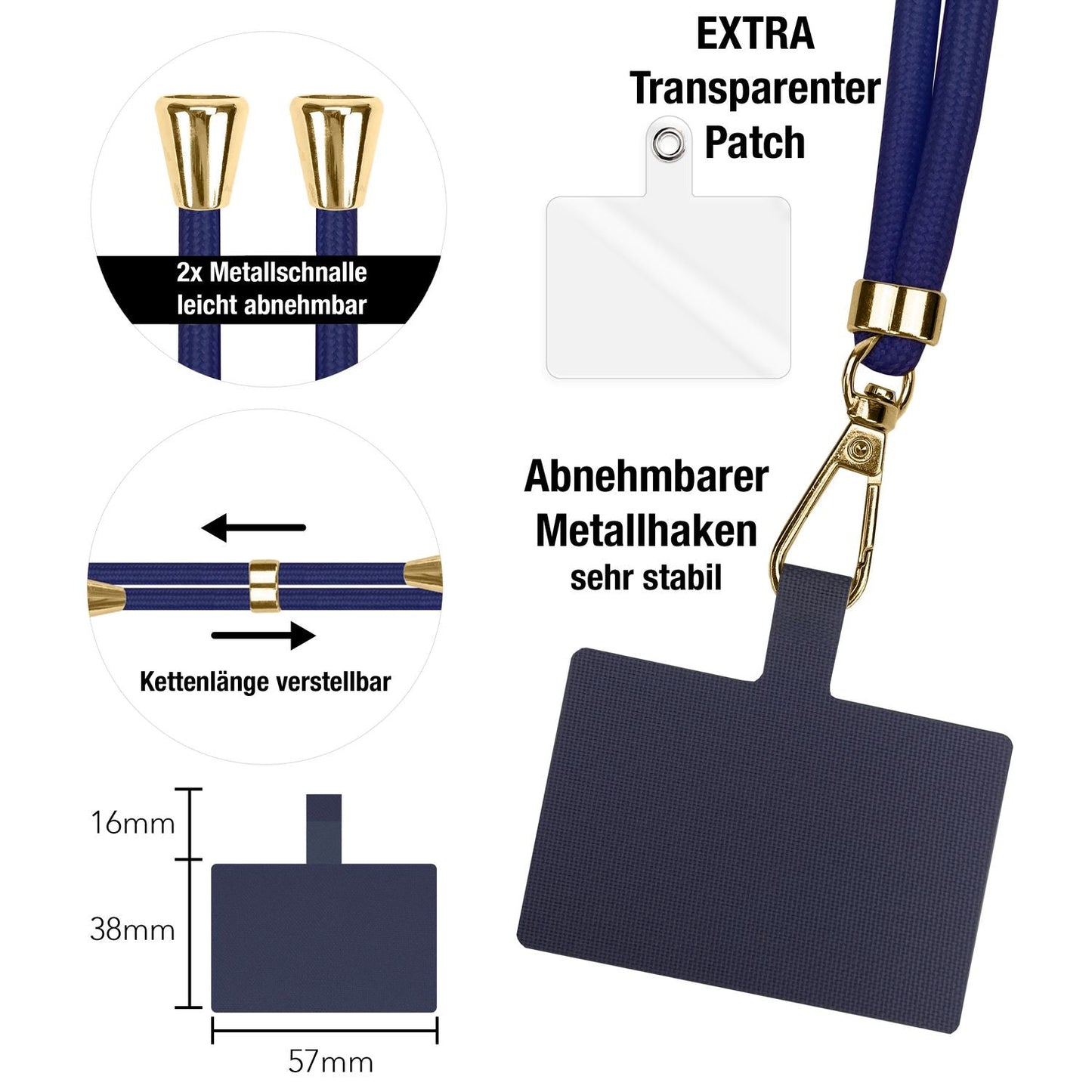 NALIA Universal Handykette für alle Smartphones – Robuste Kordel & 2 Patches – HOLDME AIR (Klassisches Lanyard mit Goldenem Karabiner) – Marke aus Berlin