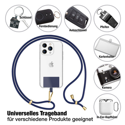 NALIA Universal Handykette für alle Smartphones – Robuste Kordel & 2 Patches – HOLDME AIR (Klassisches Lanyard mit Goldenem Karabiner) – Marke aus Berlin