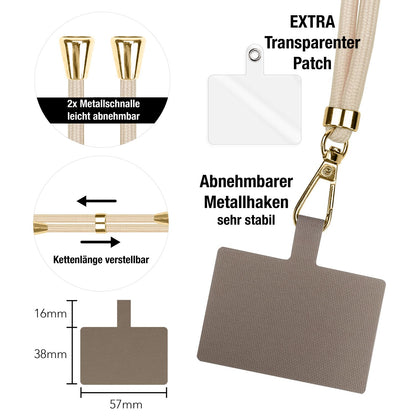 NALIA Universal Handykette für alle Smartphones – Robuste Kordel & 2 Patches – HOLDME AIR (Klassisches Lanyard mit Goldenem Karabiner) – Marke aus Berlin