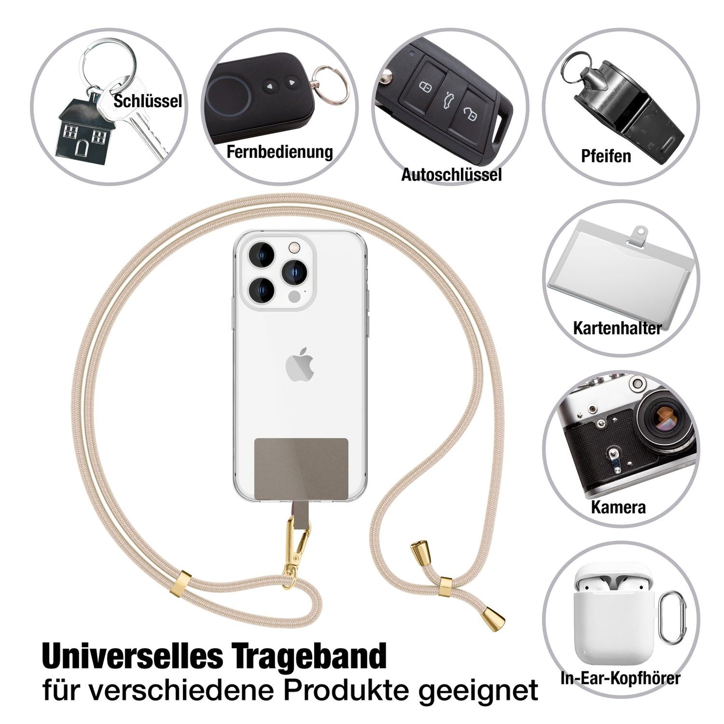 NALIA Universal Handykette für alle Smartphones – Robuste Kordel & 2 Patches – HOLDME AIR (Klassisches Lanyard mit Goldenem Karabiner) – Marke aus Berlin