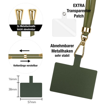 NALIA Universal Handykette für alle Smartphones – Robuste Kordel & 2 Patches – HOLDME AIR (Klassisches Lanyard mit Goldenem Karabiner) – Marke aus Berlin