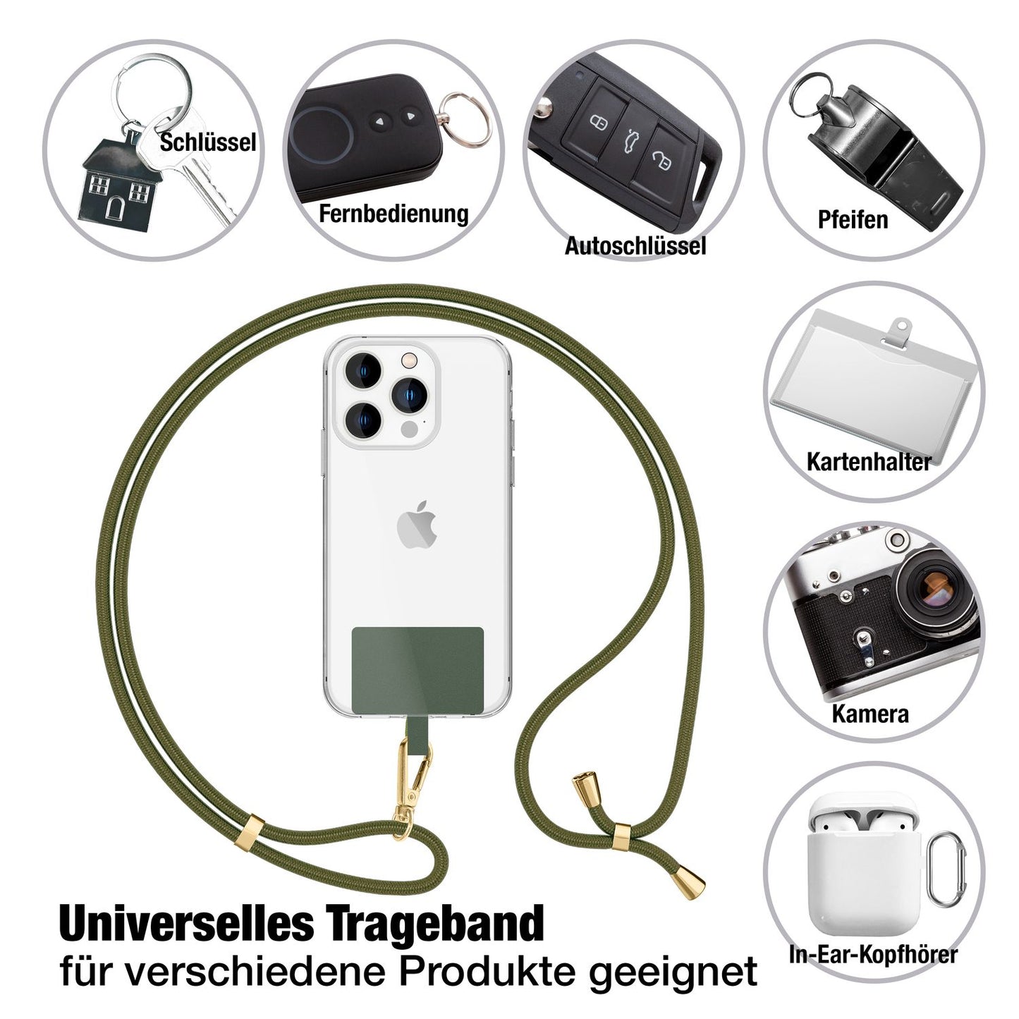 NALIA Universal Handykette für alle Smartphones – Robuste Kordel & 2 Patches – HOLDME AIR (Klassisches Lanyard mit Goldenem Karabiner) – Marke aus Berlin