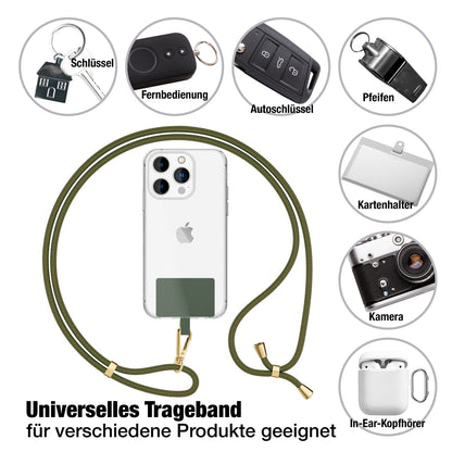 NALIA Universal Handykette für alle Smartphones – Robuste Kordel & 2 Patches – HOLDME AIR (Klassisches Lanyard mit Goldenem Karabiner) – Marke aus Berlin