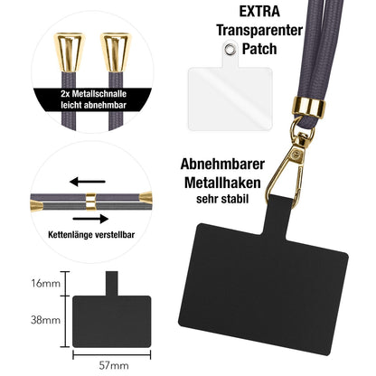 NALIA Universal Handykette für alle Smartphones – Robuste Kordel & 2 Patches – HOLDME AIR (Klassisches Lanyard mit Goldenem Karabiner) – Marke aus Berlin