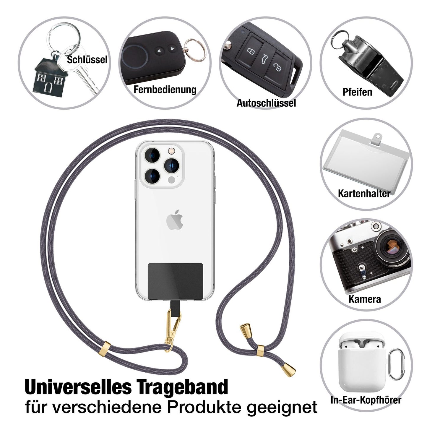 NALIA Universal Handykette für alle Smartphones – Robuste Kordel & 2 Patches – HOLDME AIR (Klassisches Lanyard mit Goldenem Karabiner) – Marke aus Berlin