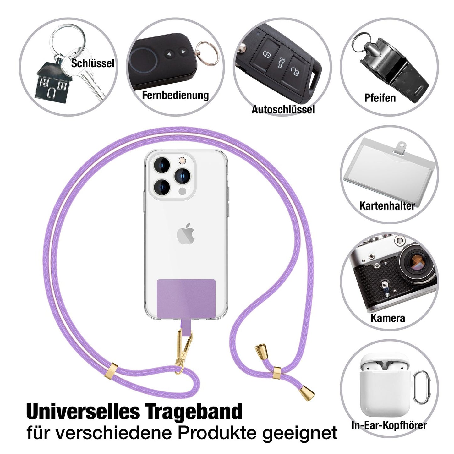 NALIA Universal Handykette für alle Smartphones – Robuste Kordel & 2 Patches – HOLDME AIR (Klassisches Lanyard mit Goldenem Karabiner) – Marke aus Berlin