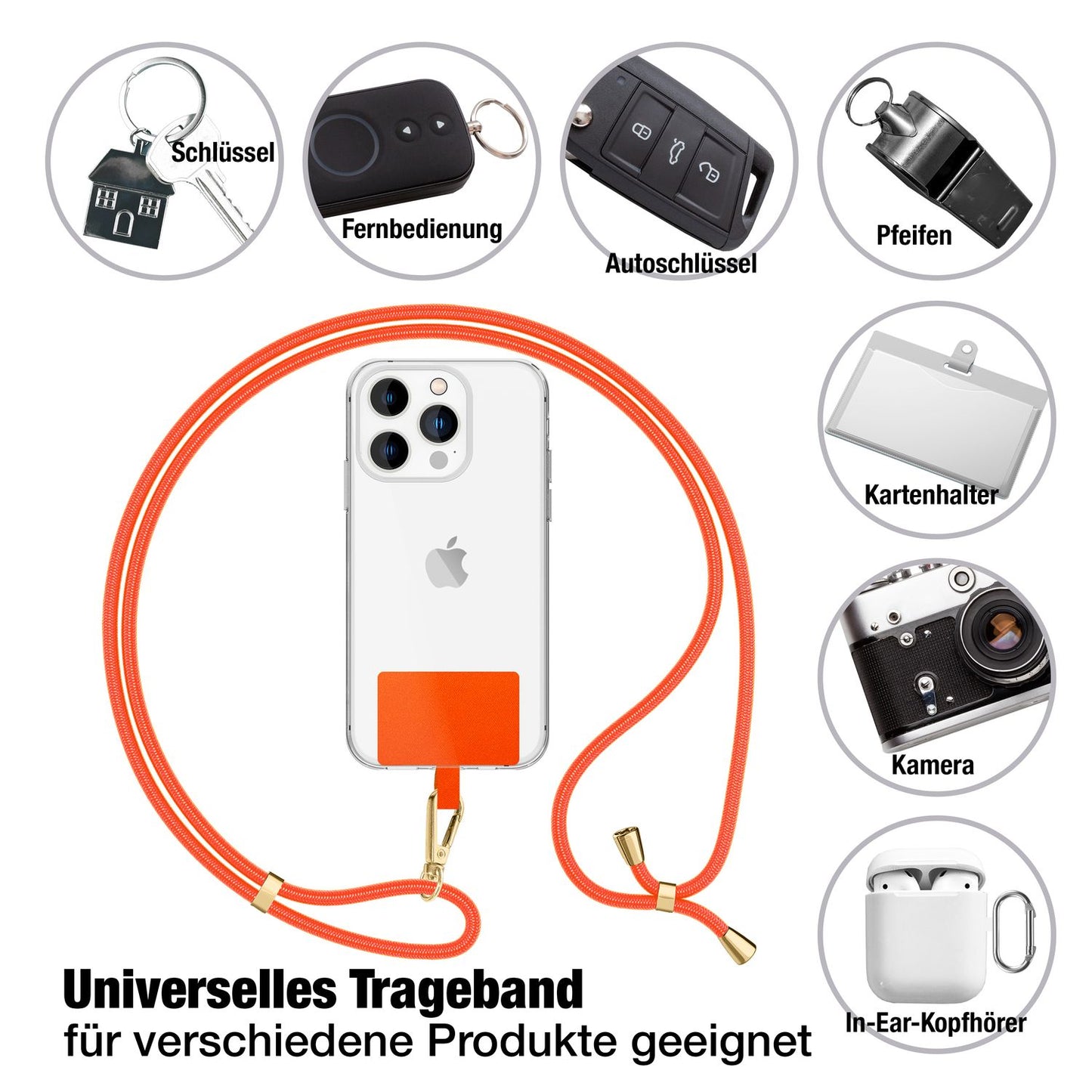 NALIA Universal Handykette für alle Smartphones – Robuste Kordel & 2 Patches – HOLDME AIR (Klassisches Lanyard mit Goldenem Karabiner) – Marke aus Berlin