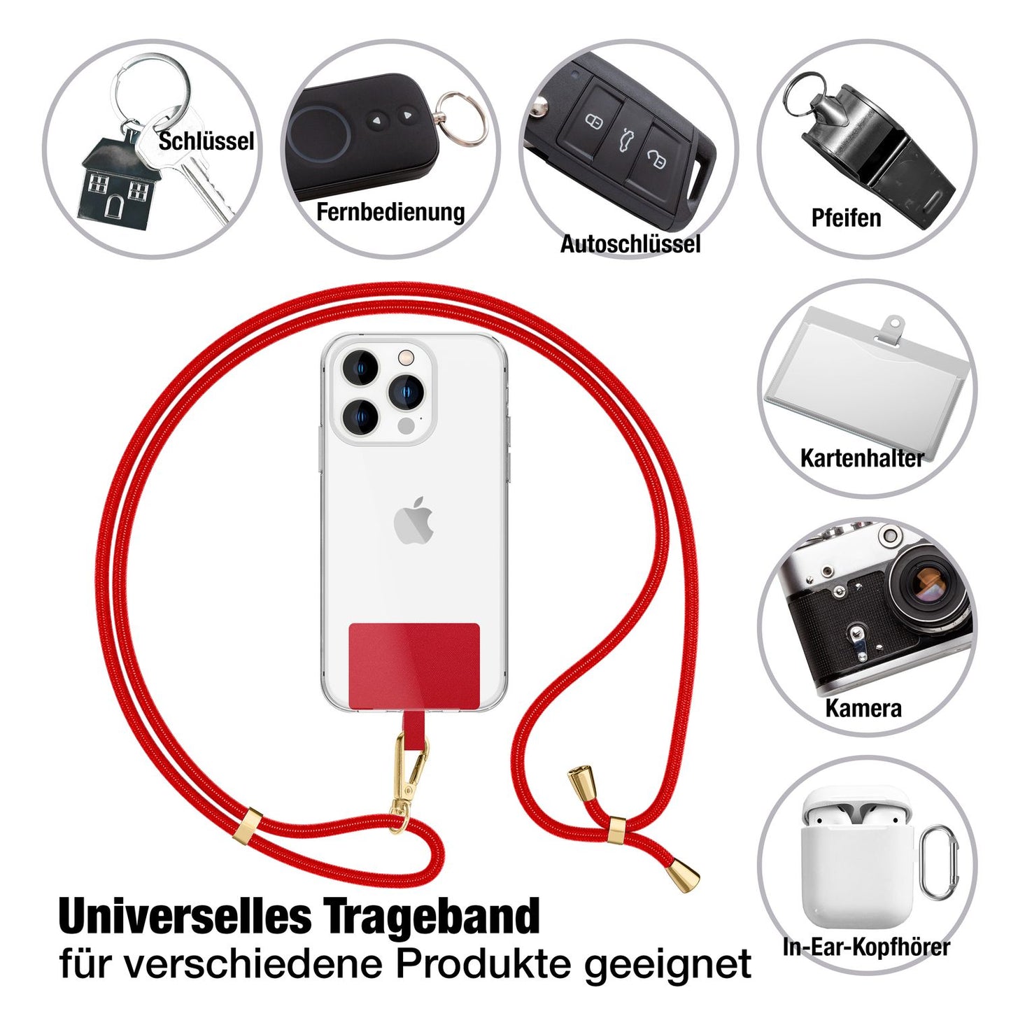 NALIA Universal Handykette für alle Smartphones – Robuste Kordel & 2 Patches – HOLDME AIR (Klassisches Lanyard mit Goldenem Karabiner) – Marke aus Berlin