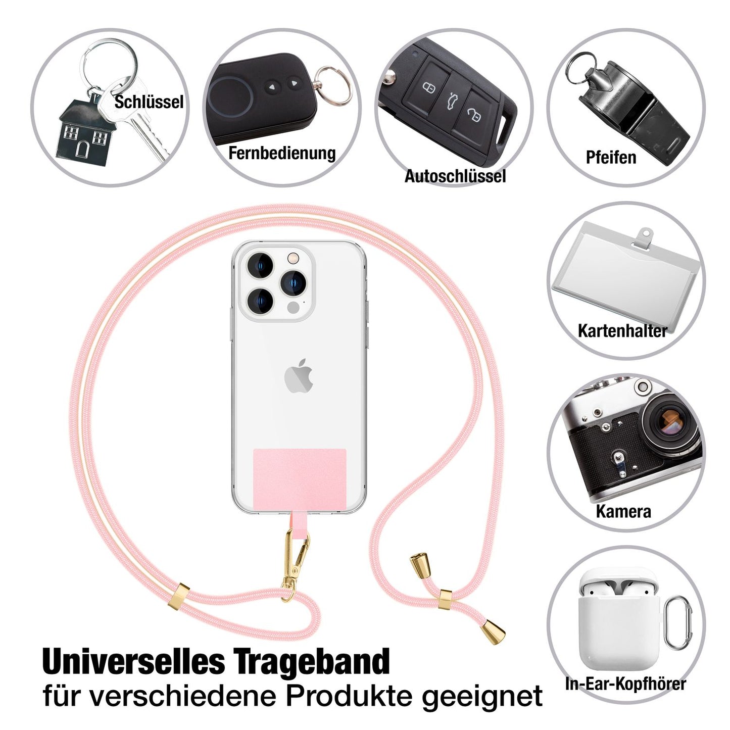 NALIA Universal Handykette für alle Smartphones – Robuste Kordel & 2 Patches – HOLDME AIR (Klassisches Lanyard mit Goldenem Karabiner) – Marke aus Berlin