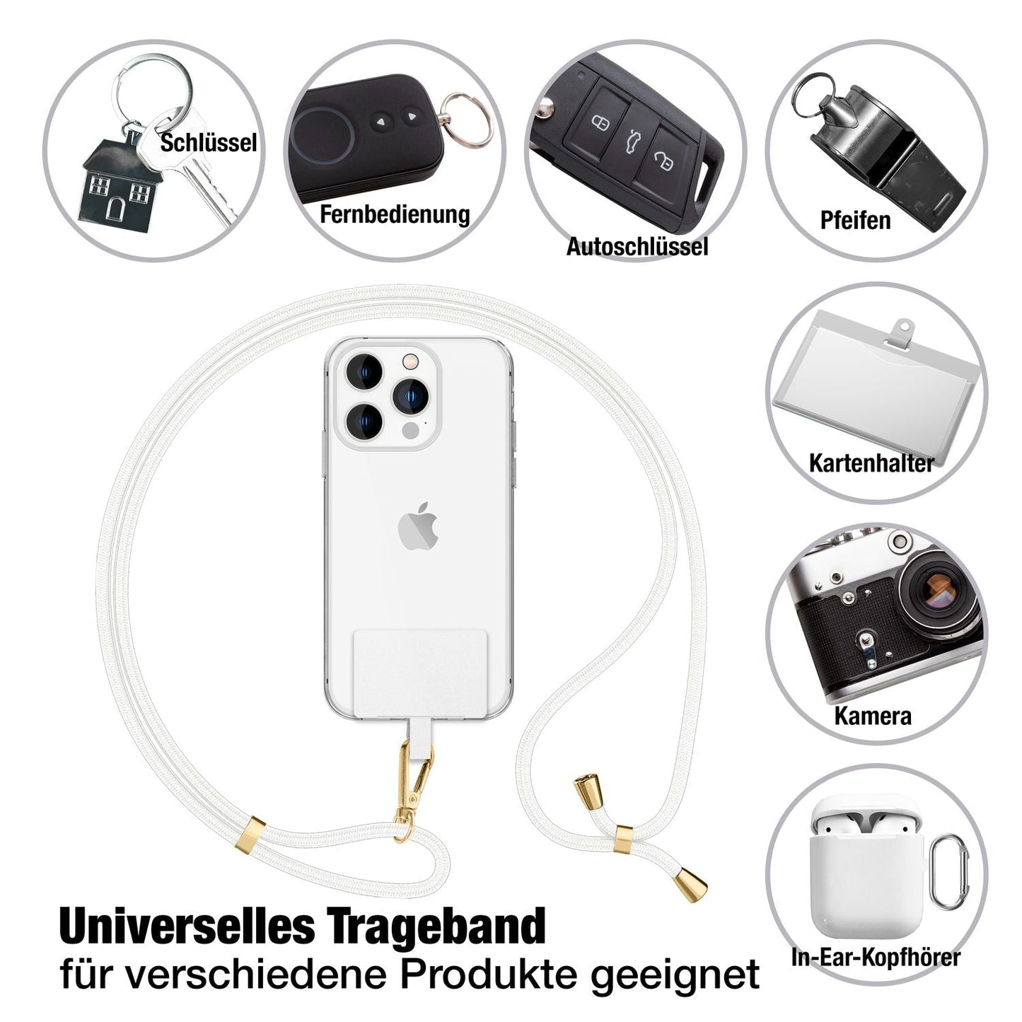 NALIA Universal Handykette für alle Smartphones – Robuste Kordel & 2 Patches – HOLDME AIR (Klassisches Lanyard mit Goldenem Karabiner) – Marke aus Berlin