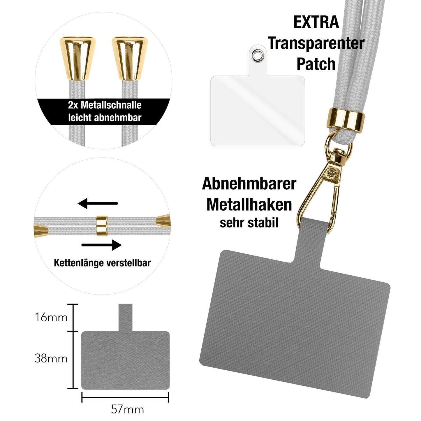 NALIA Universal Handykette für alle Smartphones – Robuste Kordel & 2 Patches – HOLDME AIR (Klassisches Lanyard mit Goldenem Karabiner) – Marke aus Berlin