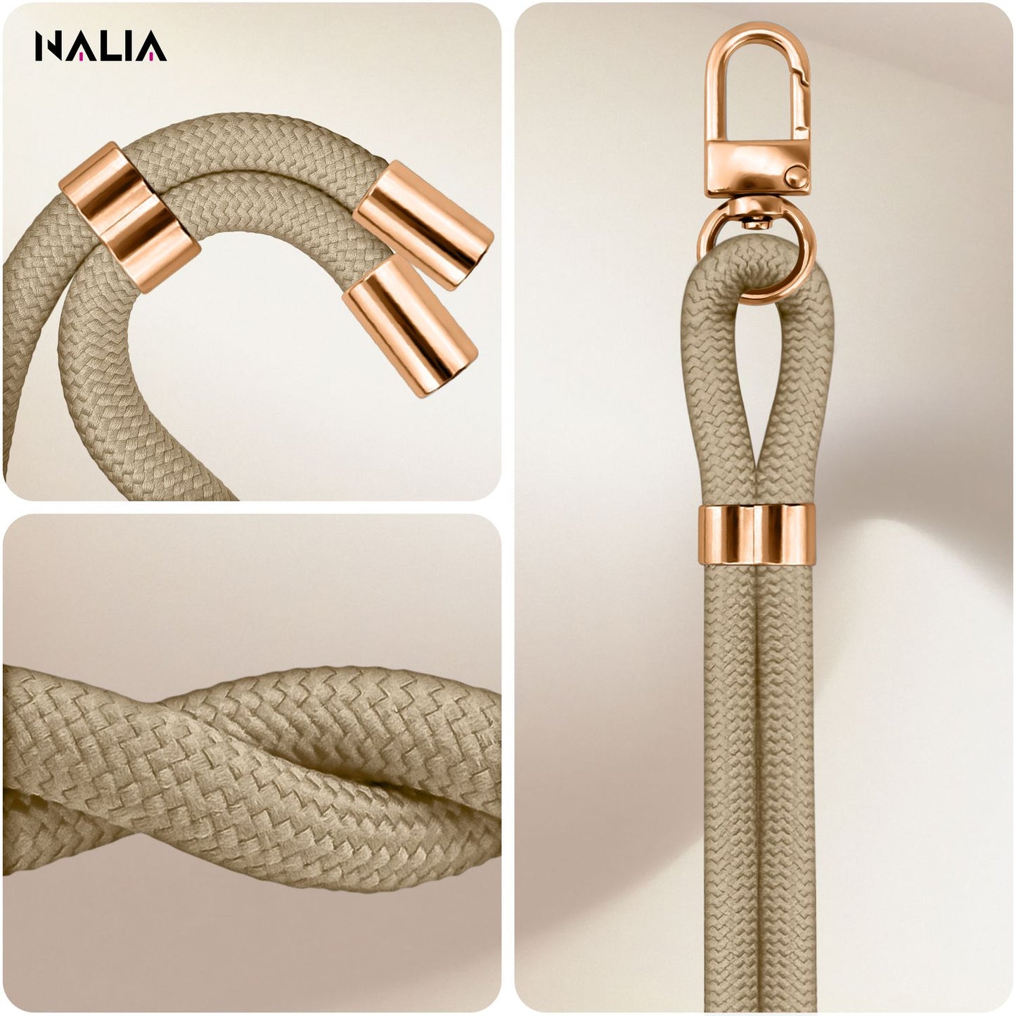 NALIA Universal Handykette für alle Smartphones – Premium Komfort-Nylon & 2 Patches – HOLDME (Geflochtenes Lanyard mit Gold-Karabiner) – Marke aus Berlin