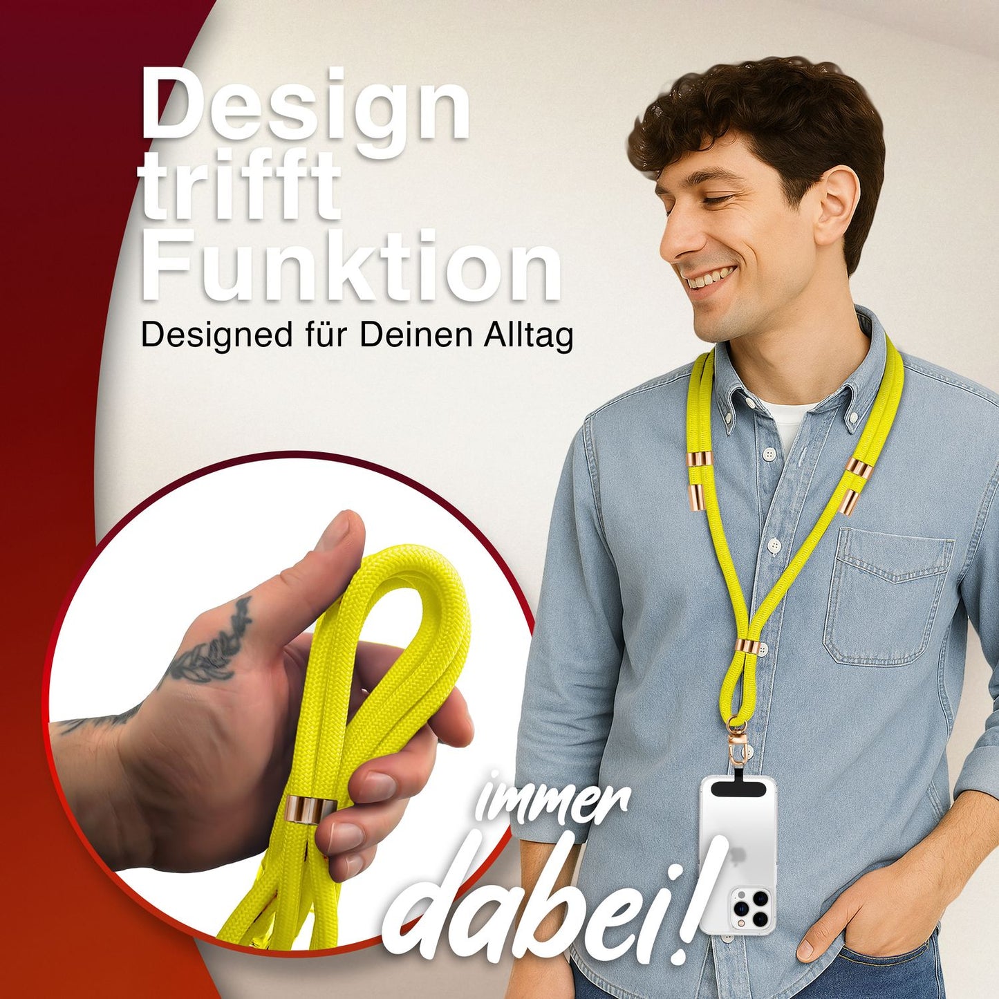 NALIA Universal Handykette für alle Smartphones – Premium Komfort-Nylon & 2 Patches – HOLDME (Geflochtenes Lanyard mit Gold-Karabiner) – Marke aus Berlin