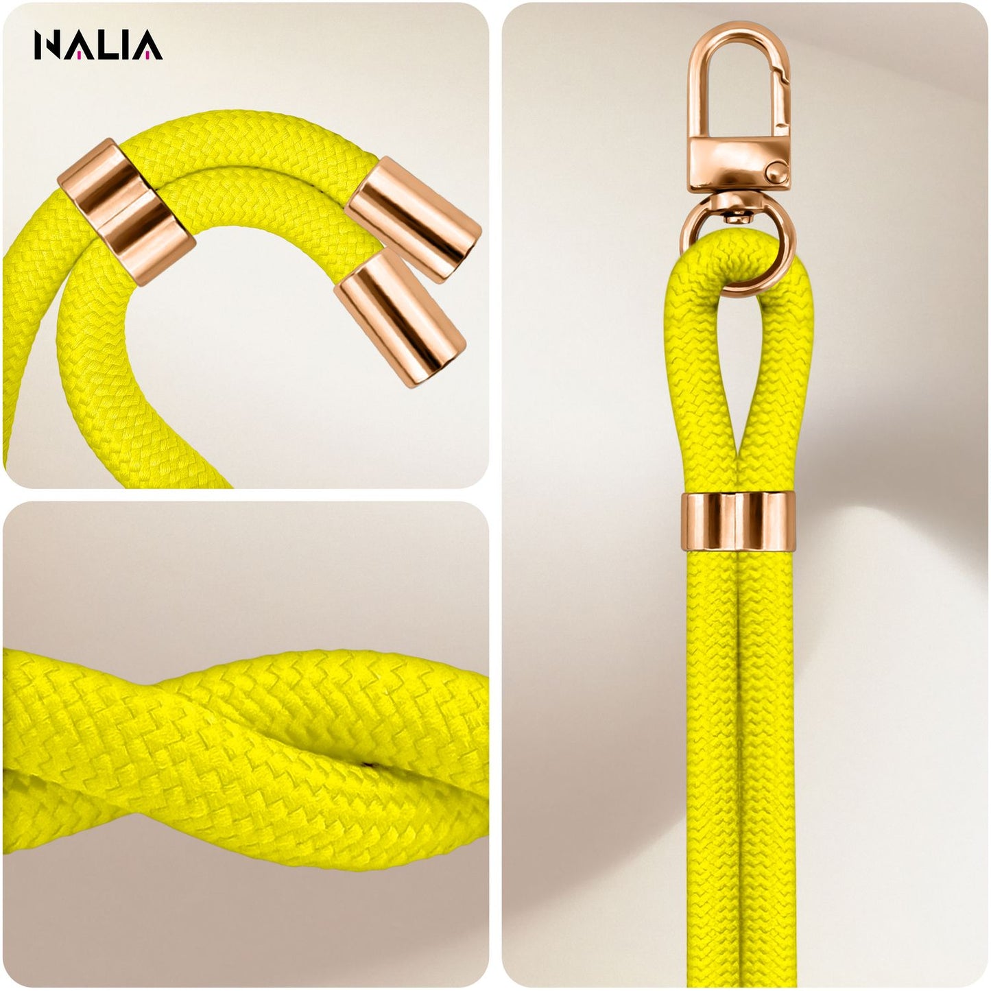NALIA Universal Handykette für alle Smartphones – Premium Komfort-Nylon & 2 Patches – HOLDME (Geflochtenes Lanyard mit Gold-Karabiner) – Marke aus Berlin