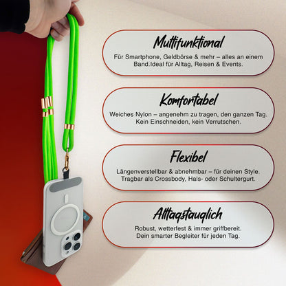 NALIA Universal Handykette für alle Smartphones – Premium Komfort-Nylon & 2 Patches – HOLDME (Geflochtenes Lanyard mit Gold-Karabiner) – Marke aus Berlin