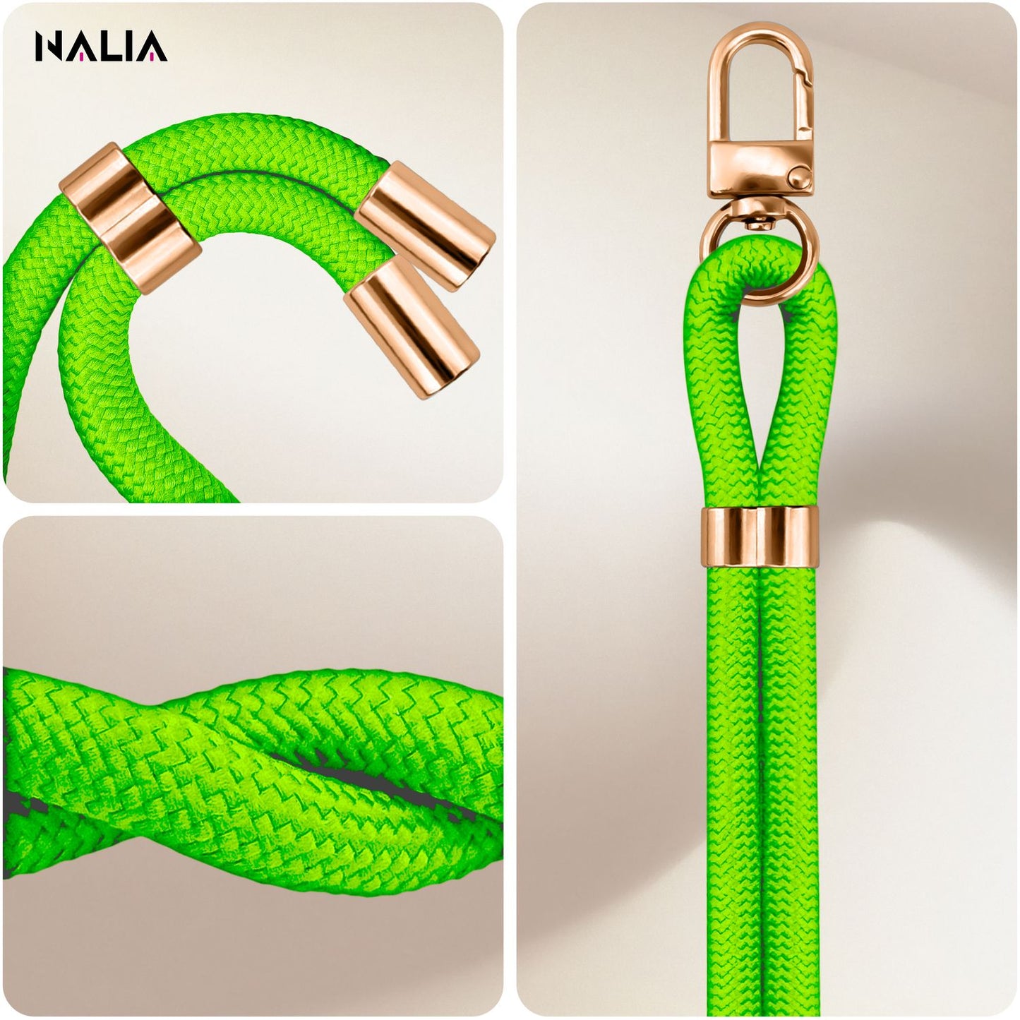NALIA Universal Handykette für alle Smartphones – Premium Komfort-Nylon & 2 Patches – HOLDME (Geflochtenes Lanyard mit Gold-Karabiner) – Marke aus Berlin