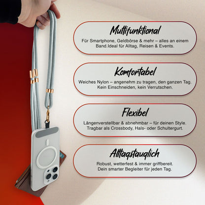 NALIA Universal Handykette für alle Smartphones – Premium Komfort-Nylon & 2 Patches – HOLDME (Geflochtenes Lanyard mit Gold-Karabiner) – Marke aus Berlin