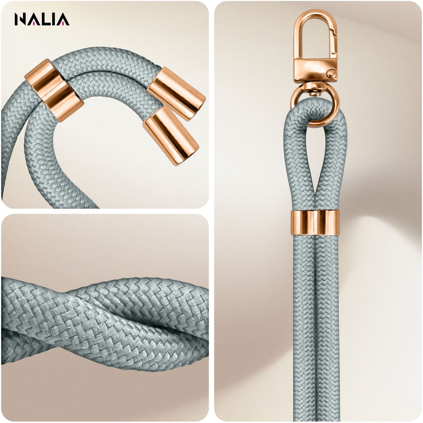 NALIA Universal Handykette für alle Smartphones – Premium Komfort-Nylon & 2 Patches – HOLDME (Geflochtenes Lanyard mit Gold-Karabiner) – Marke aus Berlin