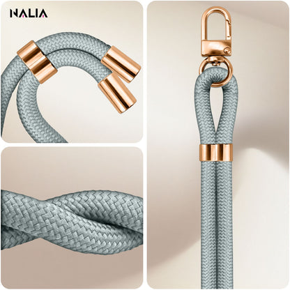 NALIA Universal Handykette für alle Smartphones – Premium Komfort-Nylon & 2 Patches – HOLDME (Geflochtenes Lanyard mit Gold-Karabiner) – Marke aus Berlin