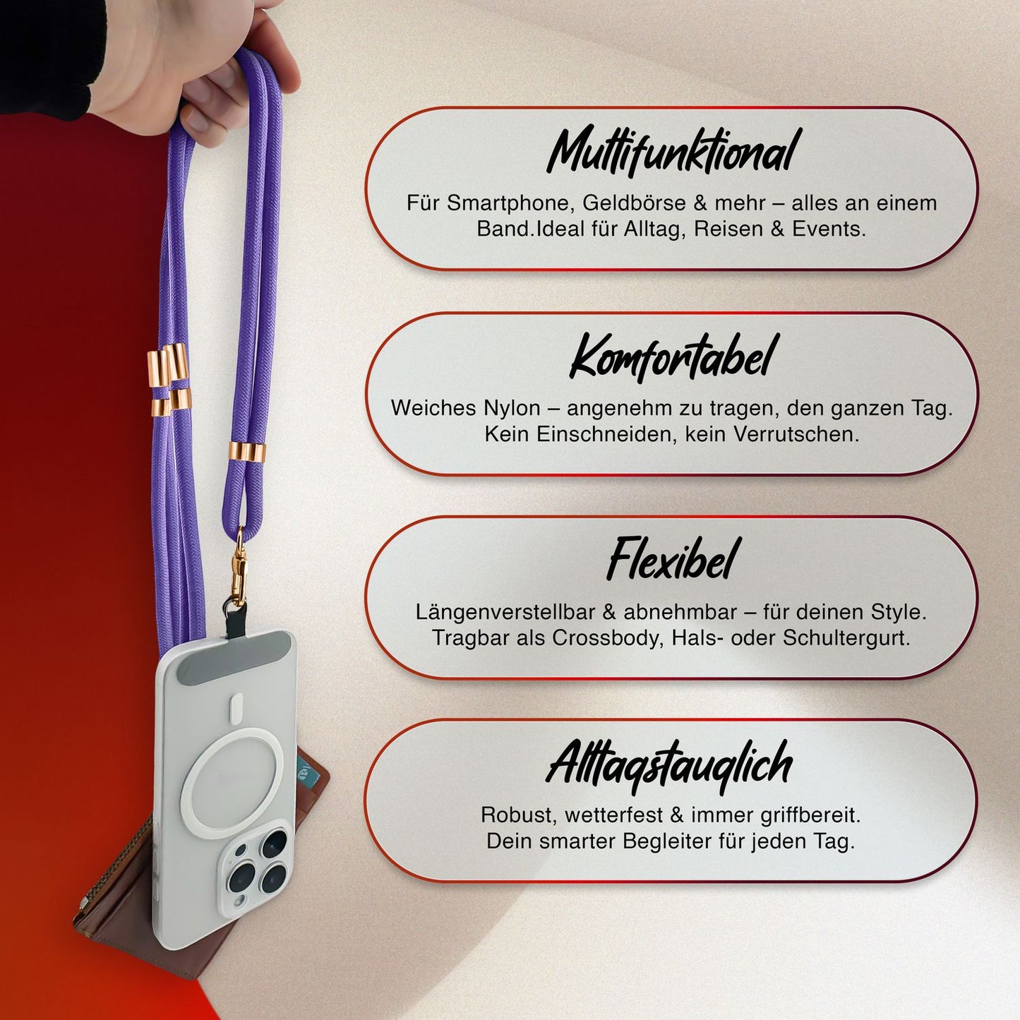 NALIA Universal Handykette für alle Smartphones – Premium Komfort-Nylon & 2 Patches – HOLDME (Geflochtenes Lanyard mit Gold-Karabiner) – Marke aus Berlin