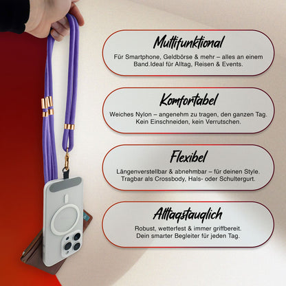 NALIA Universal Handykette für alle Smartphones – Premium Komfort-Nylon & 2 Patches – HOLDME (Geflochtenes Lanyard mit Gold-Karabiner) – Marke aus Berlin