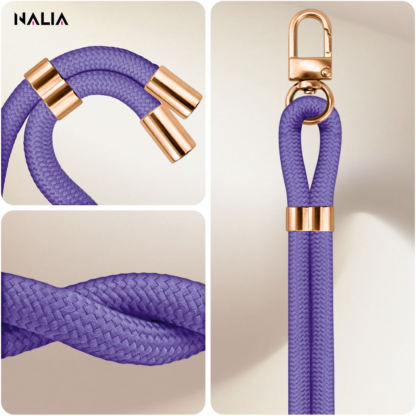 NALIA Universal Handykette für alle Smartphones – Premium Komfort-Nylon & 2 Patches – HOLDME (Geflochtenes Lanyard mit Gold-Karabiner) – Marke aus Berlin