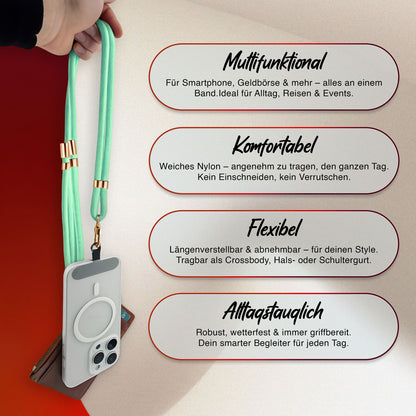 NALIA Universal Handykette für alle Smartphones – Premium Komfort-Nylon & 2 Patches – HOLDME (Geflochtenes Lanyard mit Gold-Karabiner) – Marke aus Berlin