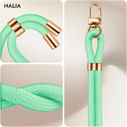 NALIA Universal Handykette für alle Smartphones – Premium Komfort-Nylon & 2 Patches – HOLDME (Geflochtenes Lanyard mit Gold-Karabiner) – Marke aus Berlin