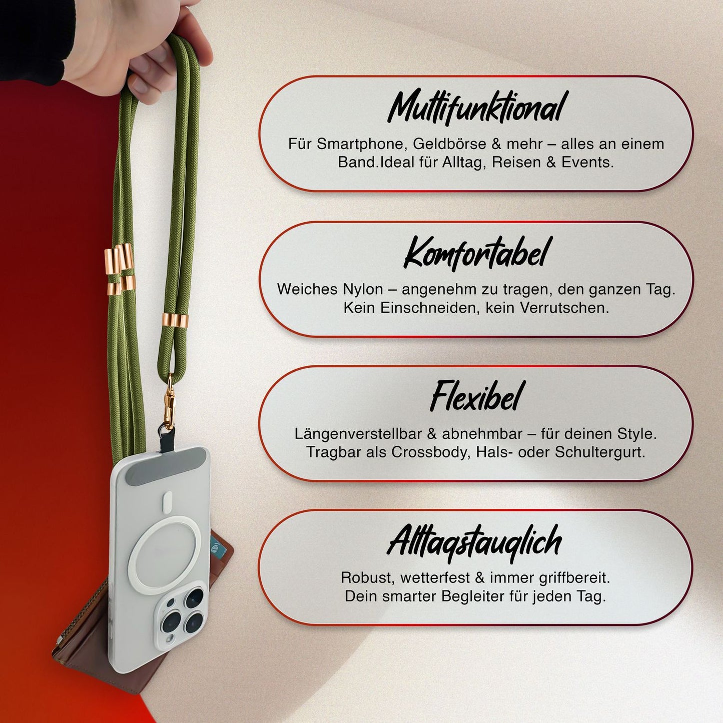 NALIA Universal Handykette für alle Smartphones – Premium Komfort-Nylon & 2 Patches – HOLDME (Geflochtenes Lanyard mit Gold-Karabiner) – Marke aus Berlin