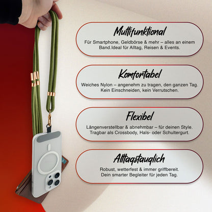 NALIA Universal Handykette für alle Smartphones – Premium Komfort-Nylon & 2 Patches – HOLDME (Geflochtenes Lanyard mit Gold-Karabiner) – Marke aus Berlin