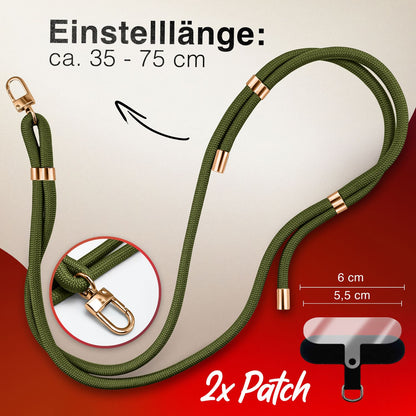 NALIA Universal Handykette für alle Smartphones – Premium Komfort-Nylon & 2 Patches – HOLDME (Geflochtenes Lanyard mit Gold-Karabiner) – Marke aus Berlin
