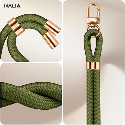 NALIA Universal Handykette für alle Smartphones – Premium Komfort-Nylon & 2 Patches – HOLDME (Geflochtenes Lanyard mit Gold-Karabiner) – Marke aus Berlin