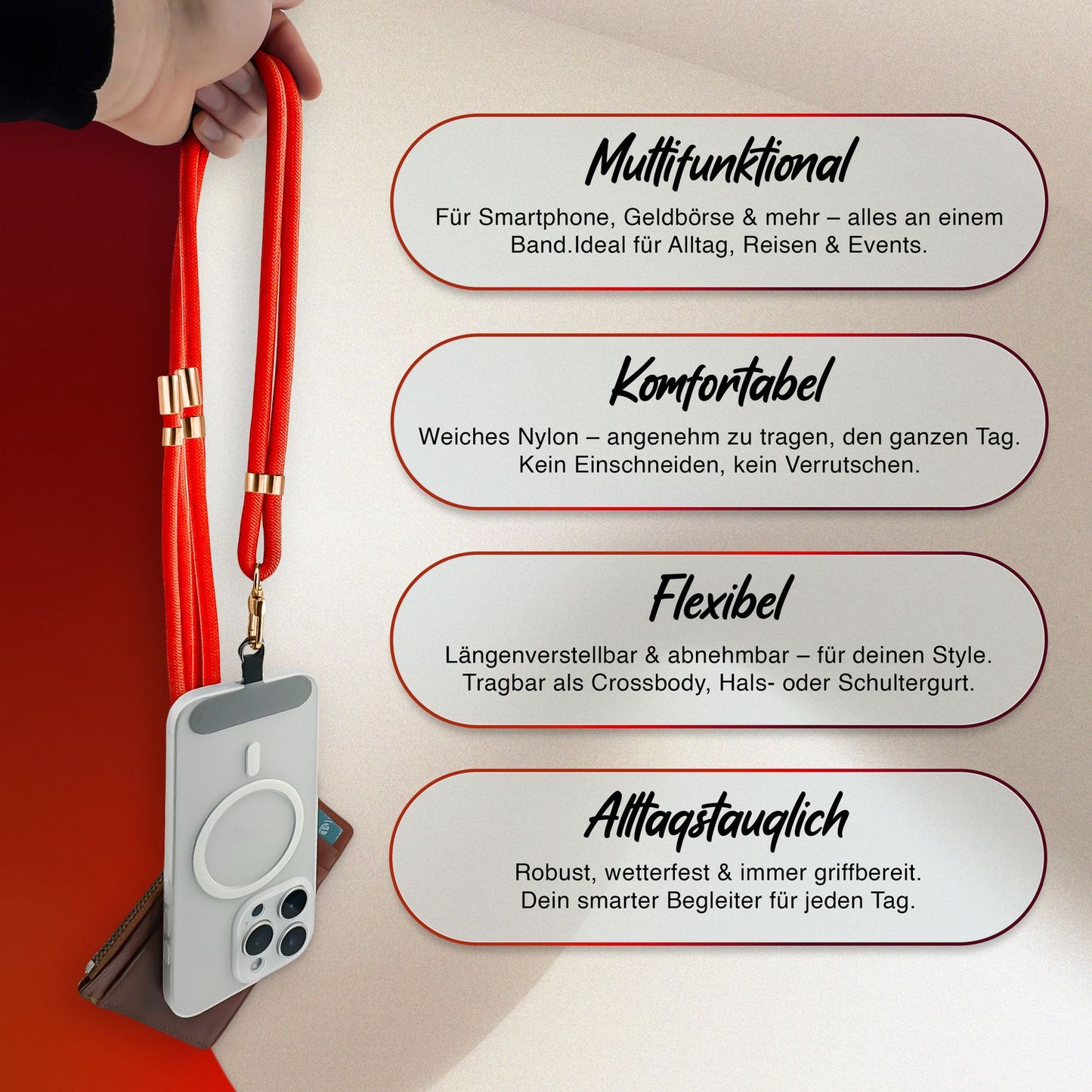 NALIA Universal Handykette für alle Smartphones – Premium Komfort-Nylon & 2 Patches – HOLDME (Geflochtenes Lanyard mit Gold-Karabiner) – Marke aus Berlin