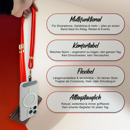 NALIA Universal Handykette für alle Smartphones – Premium Komfort-Nylon & 2 Patches – HOLDME (Geflochtenes Lanyard mit Gold-Karabiner) – Marke aus Berlin