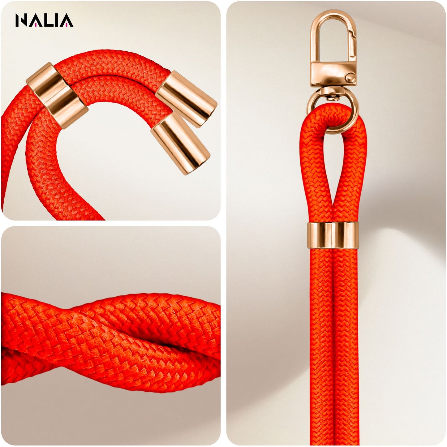 NALIA Universal Handykette für alle Smartphones – Premium Komfort-Nylon & 2 Patches – HOLDME (Geflochtenes Lanyard mit Gold-Karabiner) – Marke aus Berlin